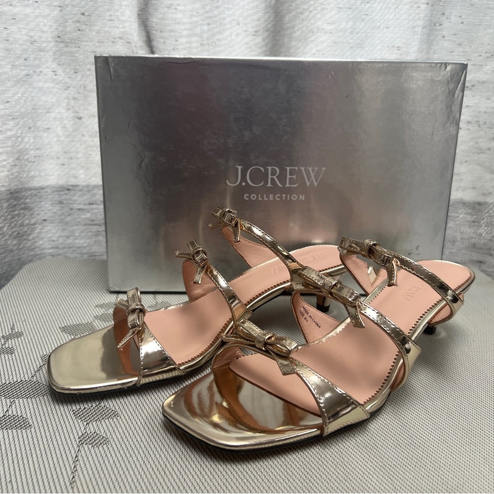 J.Crew Metallic Tripe Strap Bow Kitten Heel Sandal